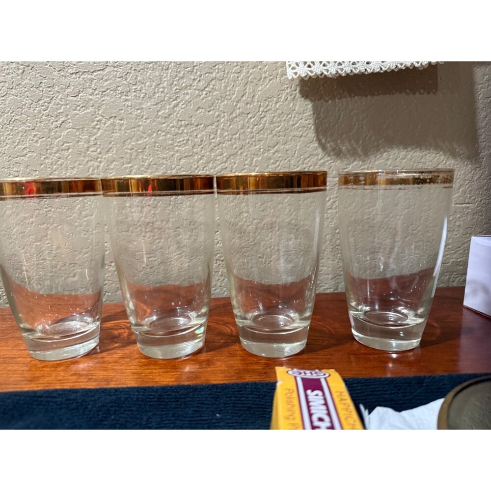 Libbey? Set Of 4 Vintage Clear Drinking Glasses With Gold Rim Design